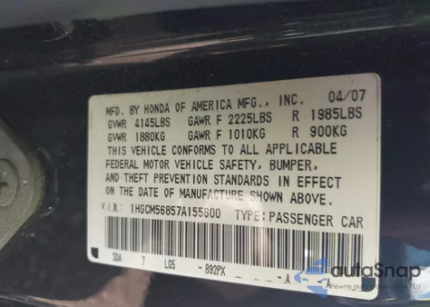 2007 Honda Accord 2.4 Ex from USA, damaged, VIN 1HGCM56857A155600